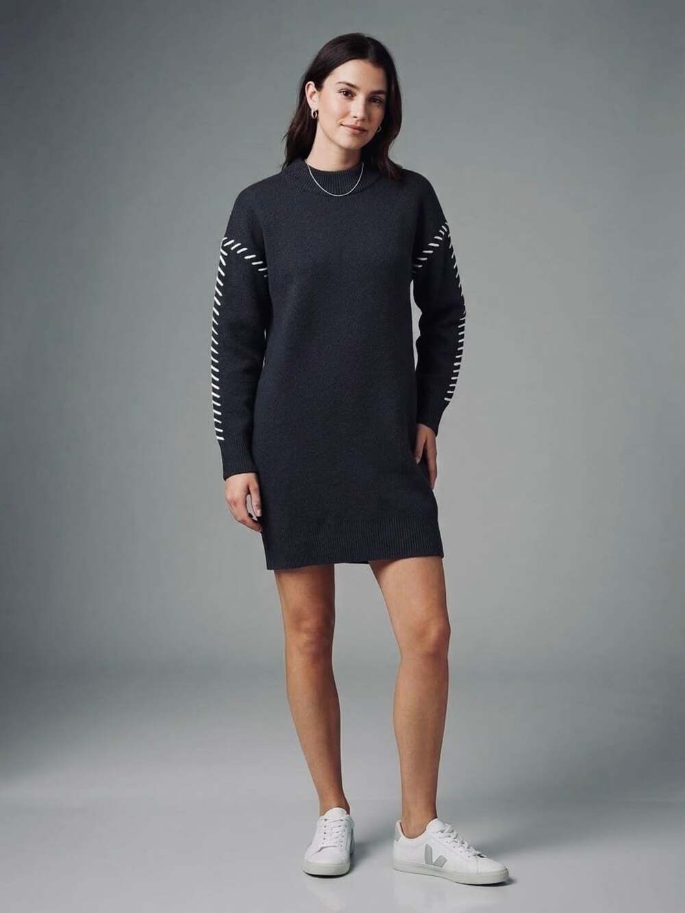 English Factory Whipstitch Sweater Mini Dress Size S Charcoal/Black